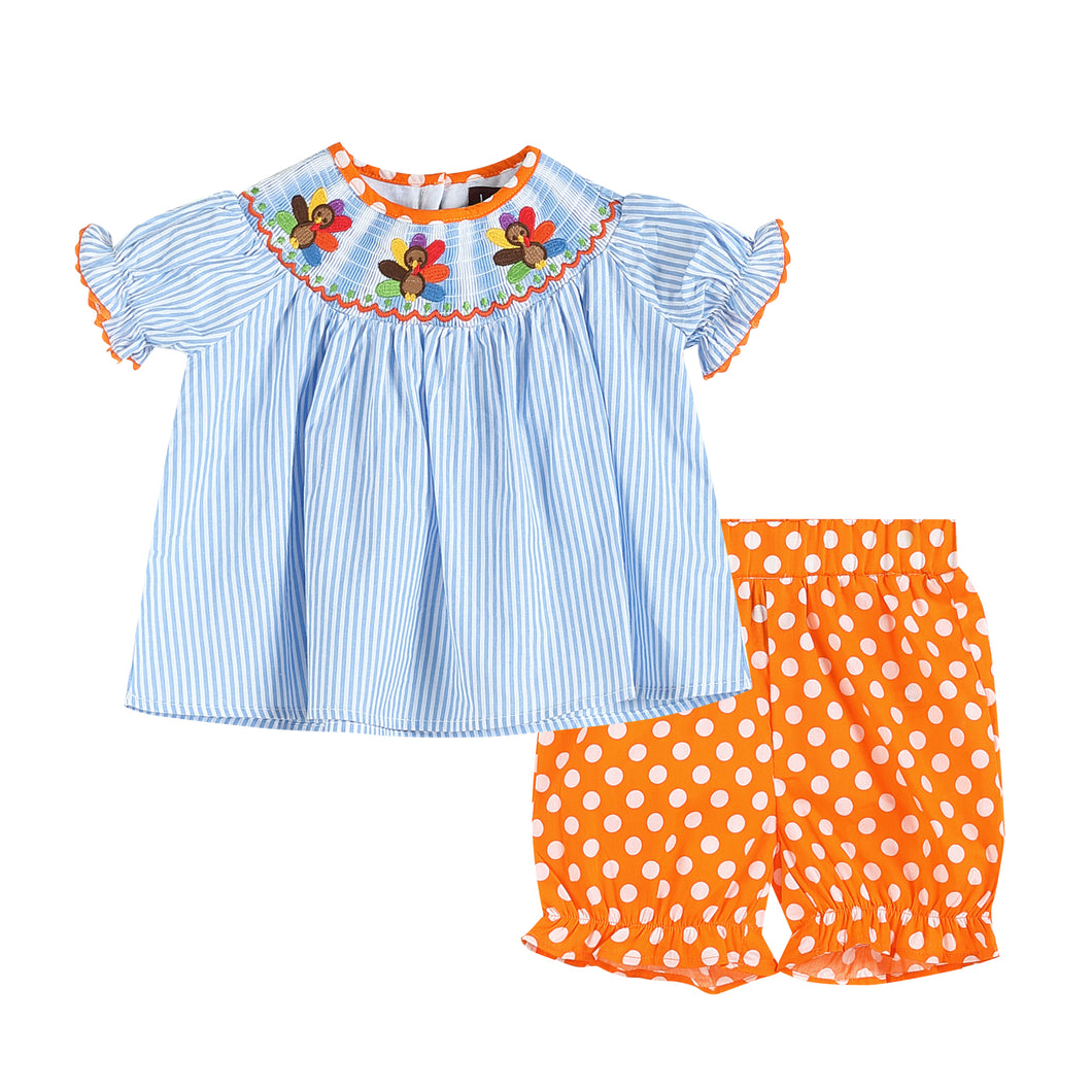 Turkey Smocked Top and Orange Bloomers Set