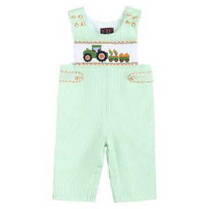 Green Seersucker Harvest Truck Smocked Overalls