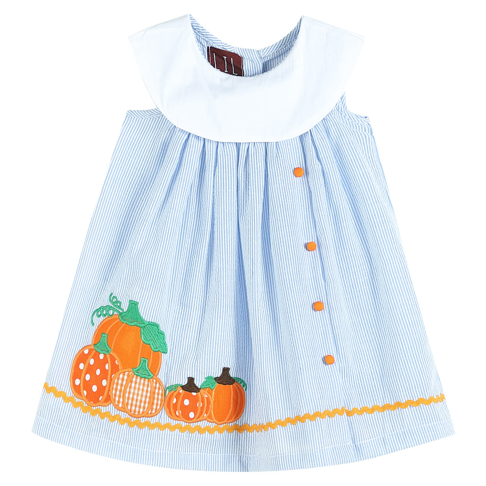 Light Blue Seersucker Pumpkin Yoke Dress